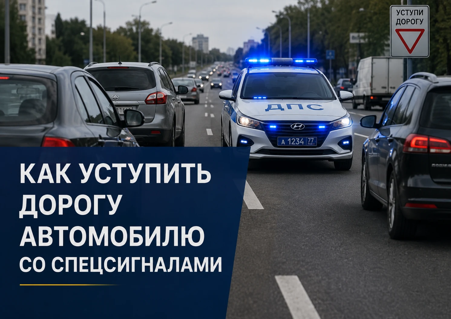 Автомобили уступают дорогу машине ДПС с включёнными синими спецсигналами на российской дороге